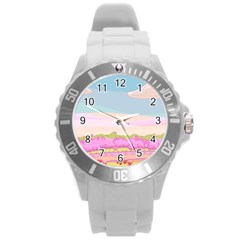 Pink And White Forest Illustration Adventure Time Cartoon Round Plastic Sport Watch (l) by Sarkoni