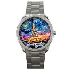 Eiffel Tower Starry Night Print Van Gogh Sport Metal Watch by Modalart