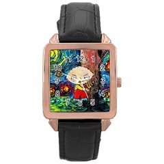 Cartoon Starry Night Vincent Van Gogh Rose Gold Leather Watch  by Modalart