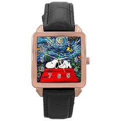 Dog House Vincent Van Gogh s Starry Night Parody Rose Gold Leather Watch  by Modalart