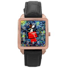 Dog Flying House Cartoon Starry Night Vincent Van Gogh Parody Rose Gold Leather Watch  by Modalart