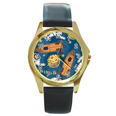 Missile Pattern Round Gold Metal Watch by Bedest