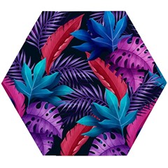 Background With Violet Blue Tropical Leaves Wooden Puzzle Hexagon by Bedest