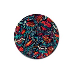 Vintage Tattoos Colorful Seamless Pattern Rubber Round Coaster (4 Pack)