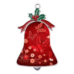 Four Red Butterflies With Flower Illustration Butterfly Flowers Metal Holly Leaf Bell Ornament by Pakjumat