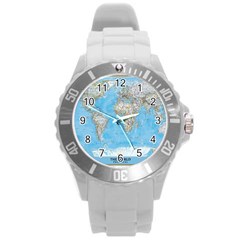 Blue White And Green World Map National Geographic Round Plastic Sport Watch (l) by Pakjumat