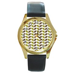 Leaf Plant Pattern Seamless Round Gold Metal Watch by Hannah976