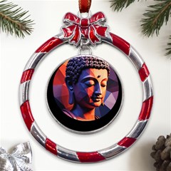 Let That Shit Go Buddha Low Poly (6) Metal Red Ribbon Round Ornament by 1xmerch