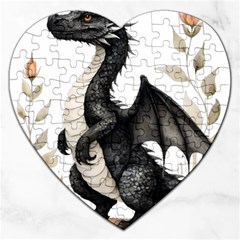 Cute Black Baby Dragon Flowers Painting (2) Jigsaw Puzzle (heart)