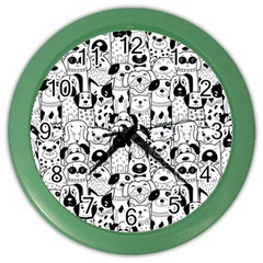 Seamless Pattern With Black White Doodle Dogs Color Wall Clock