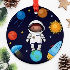 Boy Spaceman Space Rocket Ufo Planets Stars Round Ornament (two Sides) by Ndabl3x