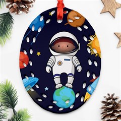 Boy Spaceman Space Rocket Ufo Planets Stars Ornament (oval Filigree) by Ndabl3x