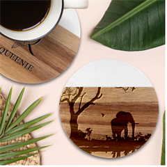 Elephant Landscape Tree Africa Sunset Safari Wild Marble Wood Coaster (round) by Jatiart