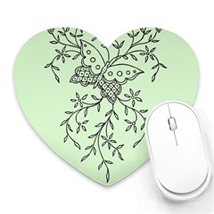 Illustration Of Butterflies And Flowers Ornament On Green Background Heart Mousepad