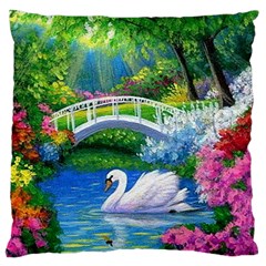 Swan Bird Spring Flowers Trees Lake Pond Landscape Original Aceo Painting Art Large Premium Plush Fleece Cushion Case (two Sides)