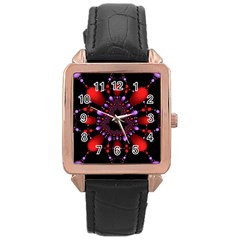 Fractal Red Violet Symmetric Spheres On Black Rose Gold Leather Watch 