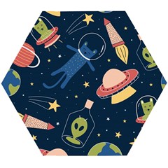 Seamless Pattern With Funny Alien Cat Galaxy Wooden Puzzle Hexagon by Ndabl3x