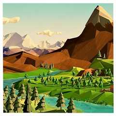 River Between Green Forest With Brown Mountain Wooden Puzzle Square by Cendanart