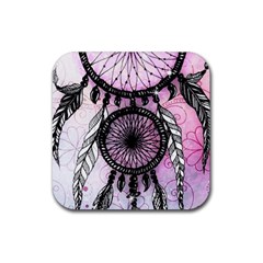 Dream Catcher Art Feathers Pink Rubber Coaster (square) by Bedest