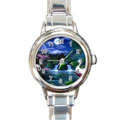 Flamingo Paradise Scenic Bird Fantasy Moon Paradise Waterfall Magical Nature Round Italian Charm Watch by Ndabl3x