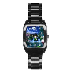 Flamingo Paradise Scenic Bird Fantasy Moon Paradise Waterfall Magical Nature Stainless Steel Barrel Watch by Ndabl3x