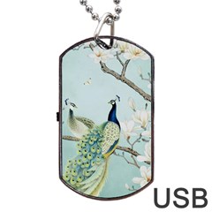 Couple Peacock Bird Spring White Blue Art Magnolia Fantasy Flower Dog Tag Usb Flash (one Side) by Ndabl3x