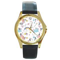 Unicorn Diamond Rainbow Shooting Star Round Gold Metal Watch by Grandong