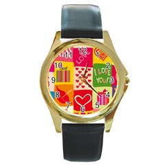 I Love You Doodle Round Gold Metal Watch