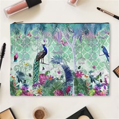 Peacock Parrot Bird Pattern Exotic Summer Green Flower Jungle Paradise Cosmetic Bag (xl)