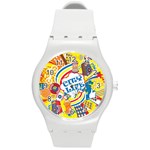 Colorful City Life Horizontal Seamless Pattern Urban City Round Plastic Sport Watch (M) Front