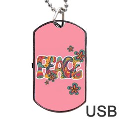 Flower Power Hippie Boho Love Peace Text Pink Pop Art Spirit Dog Tag Usb Flash (one Side) by Grandong