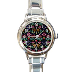 Mexican Folk Art Seamless Pattern Round Italian Charm Watch by Bedest