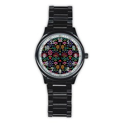 Mexican Folk Art Seamless Pattern Stainless Steel Round Watch by Bedest