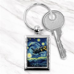 Spaceship Starry Night Van Gogh Painting Key Chain (rectangle) by Maspions