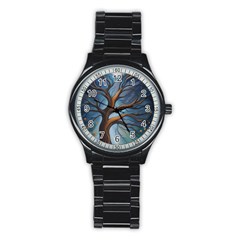 Tree Branches Mystical Moon Expressionist Oil Painting Acrylic Painting Abstract Nature Moonlight Ni Stainless Steel Round Watch