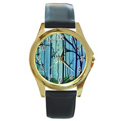 Nature Outdoors Night Trees Scene Forest Woods Light Moonlight Wilderness Stars Round Gold Metal Watch by Grandong