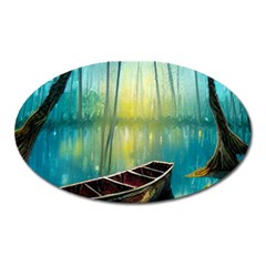 Swamp Bayou Rowboat Sunset Landscape Lake Water Moss Trees Logs Nature Scene Boat Twilight Quiet Oval Magnet by Grandong