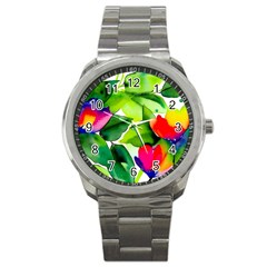 Watercolor Flowers Leaves Foliage Nature Floral Spring Sport Metal Watch by Maspions