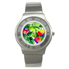 Watercolor Flowers Leaves Foliage Nature Floral Spring Stainless Steel Watch by Maspions