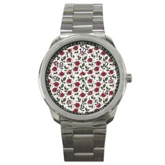 Roses Flowers Leaves Pattern Scrapbook Paper Floral Background Sport Metal Watch