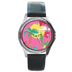 Ocean Watermelon Vibes Summer Surfing Sea Fruits Organic Fresh Beach Nature Round Metal Watch by Maspions