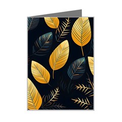 Gold Yellow Leaves Fauna Dark Background Dark Black Background Black Nature Forest Texture Wall Wall Mini Greeting Card by Bedest