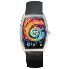 Cosmic Rainbow Quilt Artistic Swirl Spiral Forest Silhouette Fantasy Barrel Style Metal Watch