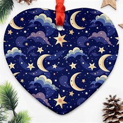 Night Moon Seamless Background Stars Sky Clouds Texture Pattern Heart Ornament (two Sides)