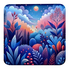 Nature Night Bushes Flowers Leaves Clouds Landscape Berries Story Fantasy Wallpaper Background Sampl Square Glass Fridge Magnet (4 Pack)