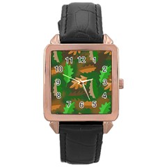 Leaves Foliage Pattern Oak Autumn Rose Gold Leather Watch 