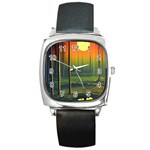 Outdoors Night Moon Full Moon Trees Setting Scene Forest Woods Light Moonlight Nature Wilderness Lan Square Metal Watch Front