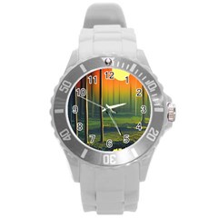 Outdoors Night Moon Full Moon Trees Setting Scene Forest Woods Light Moonlight Nature Wilderness Lan Round Plastic Sport Watch (l) by Posterlux