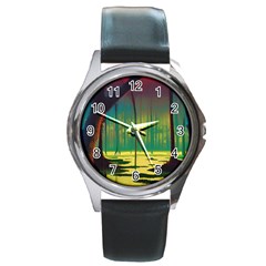 Nature Swamp Water Sunset Spooky Night Reflections Bayou Lake Round Metal Watch by Posterlux