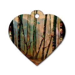 Woodland Woods Forest Trees Nature Outdoors Mist Moon Background Artwork Book Dog Tag Heart (two Sides)